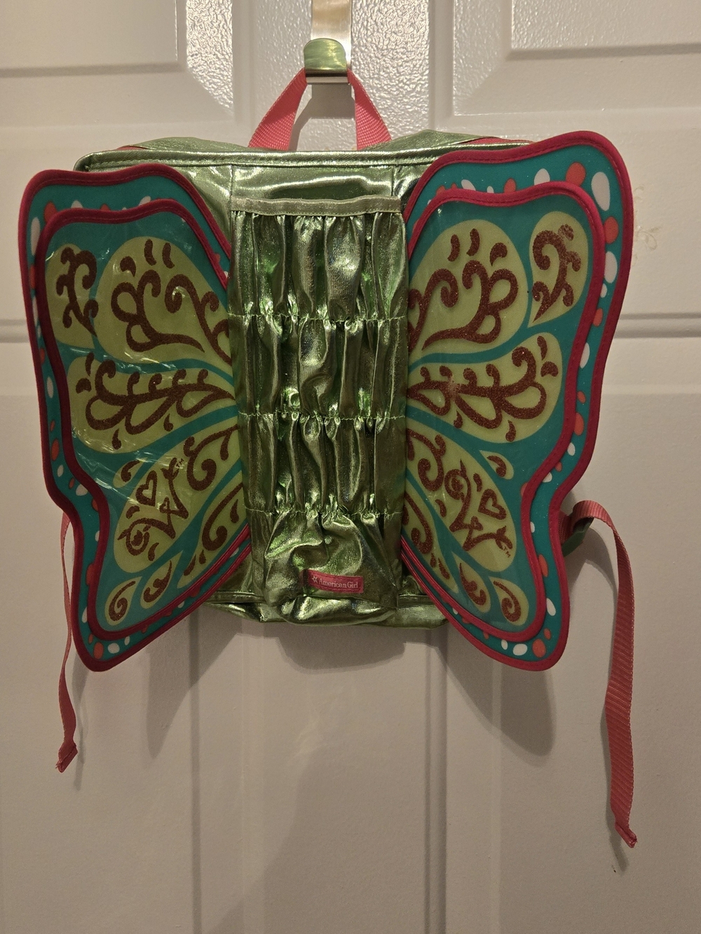 American Girl Shiny Green Butterfly Wings Backpack with Pink Accents